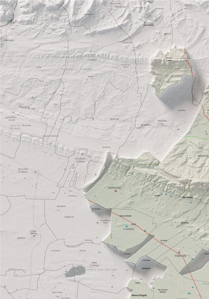 Mapa de relleu de l’Urgell, amb el territori en color i l’entorn en blanc. Detall de la part superior esquerra. 70 × 100 cm. Estil Cartogràfic.