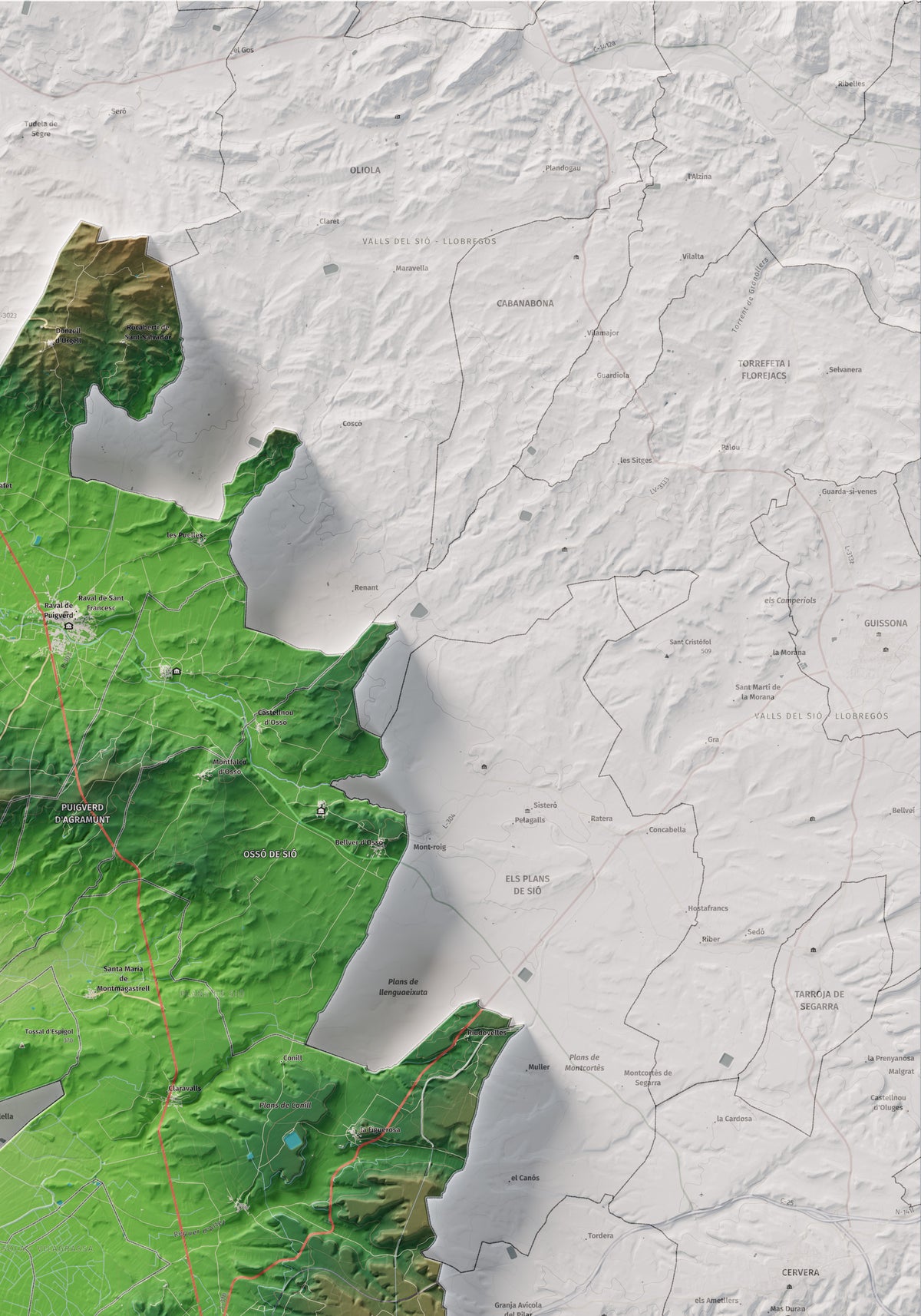 Mapa de relleu de l’Urgell, amb el territori en color i l’entorn en blanc. Detall de la part superior dreta. 70 × 100 cm. Estil Clàssic.