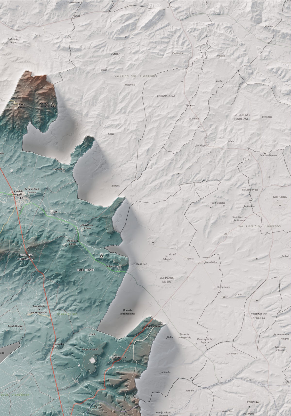 Mapa de relleu de l’Urgell, amb el territori en color i l’entorn en blanc. Detall de la part superior dreta. 70 × 100 cm. Estil Blau i taronja.