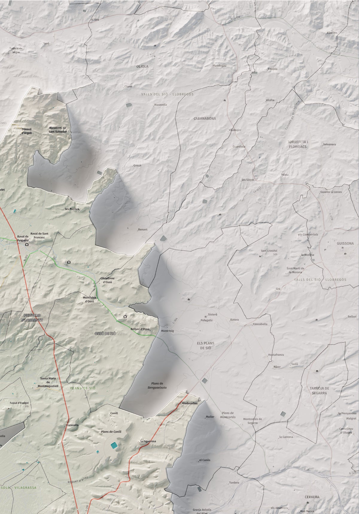 Mapa de relleu de l’Urgell, amb el territori en color i l’entorn en blanc. Detall de la part superior dreta. 70 × 100 cm. Estil Cartogràfic.
