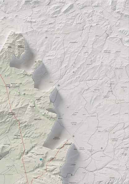 Mapa de relleu de l’Urgell, amb el territori en color i l’entorn en blanc. Detall de la part superior dreta. 70 × 100 cm. Estil Cartogràfic.