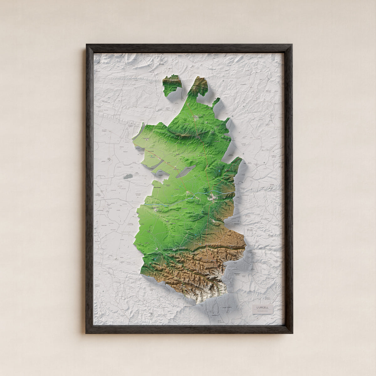 Mapa de relleu de l’Urgell, amb el territori en color i l’entorn en blanc. Presentació amb marc. 70 × 100 cm. Estil Clàssic.