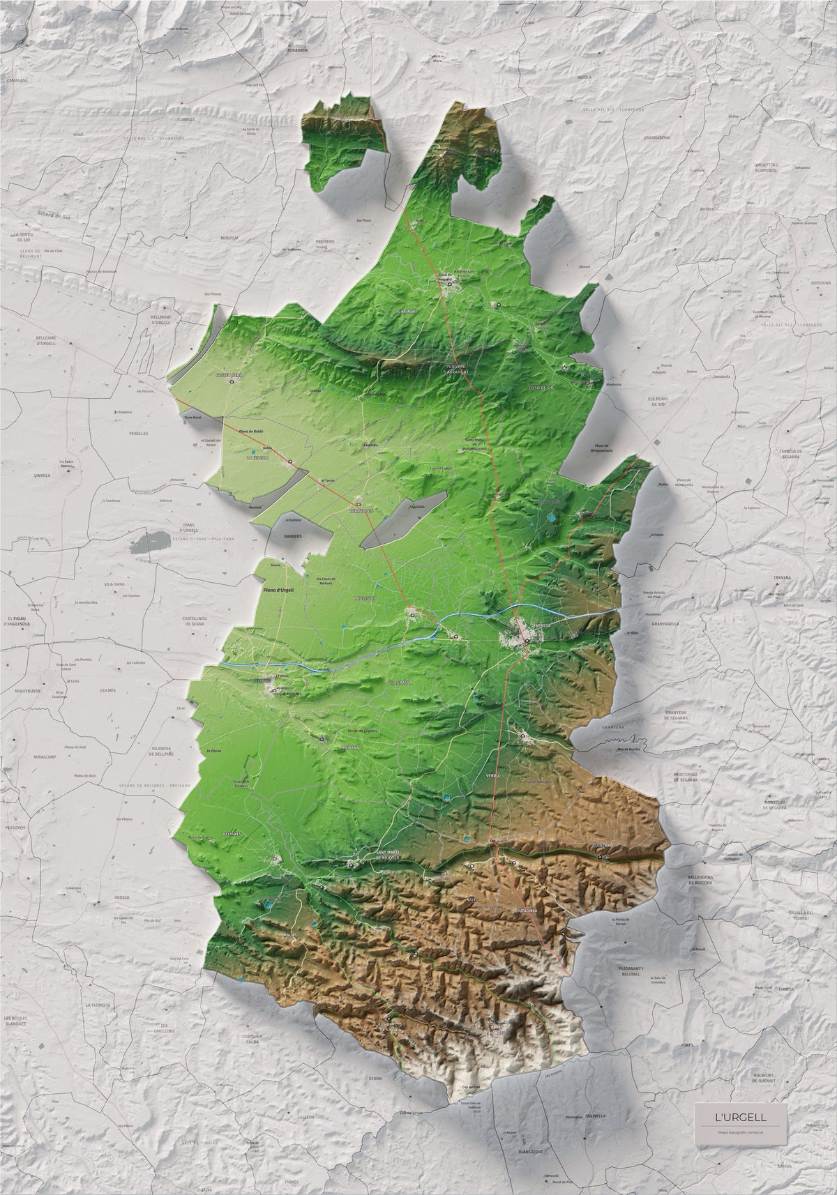 Mapa de relleu de l’Urgell, amb el territori en color i l’entorn en blanc. Vista completa de la làmina. 70 × 100 cm. Estil Clàssic.