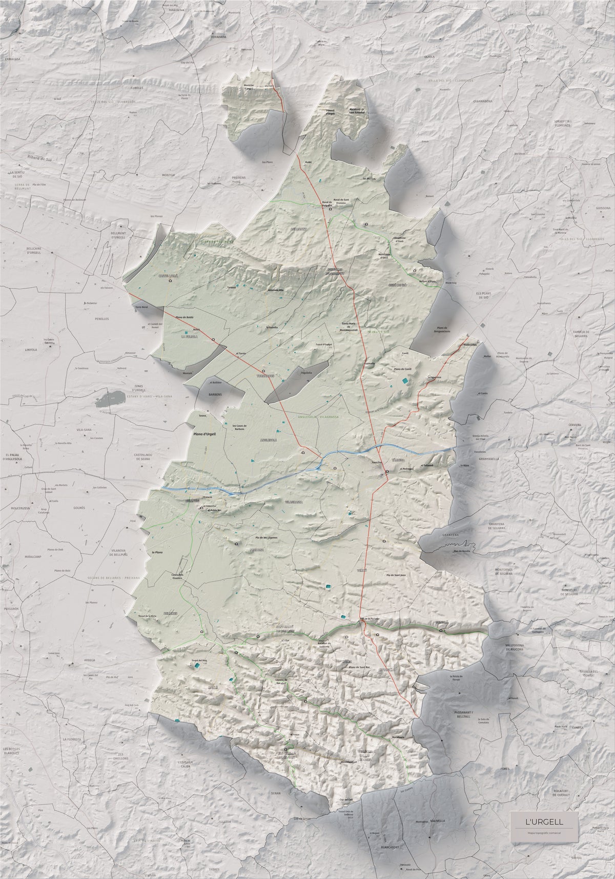 Mapa de relleu de l’Urgell, amb el territori en color i l’entorn en blanc. Vista completa de la làmina. 70 × 100 cm. Estil Cartogràfic.