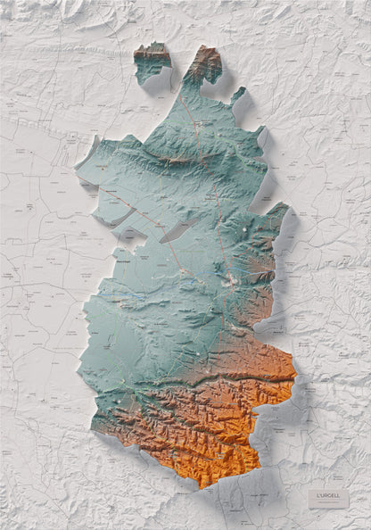 Mapa de relleu de l’Urgell, amb el territori en color i l’entorn en blanc. Vista completa de la làmina. 70 × 100 cm. Estil Blau i taronja.