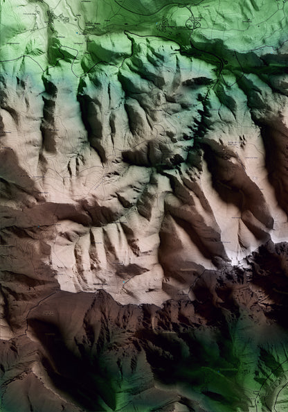 Mapa artístico del relieve de Urús, a la Cerdanya, con 15 km de entorno y base topográfica ICGC. Detalle de la zona inferior izquierda.