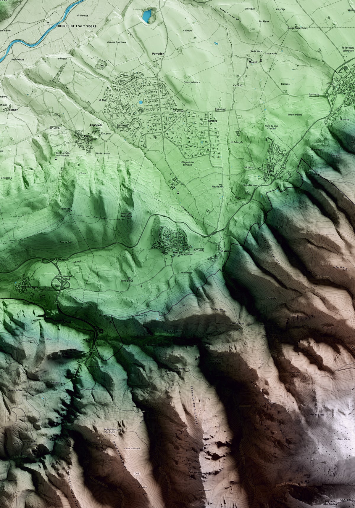 Mapa artístico del relieve de Urús, a la Cerdanya, con 15 km de entorno y base topográfica ICGC. Detalle de la zona central.