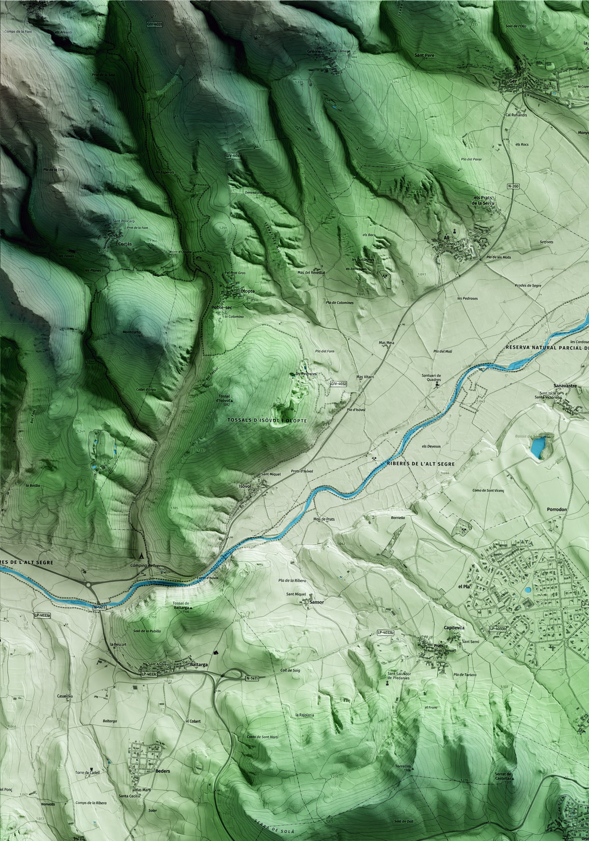 Mapa artístico del relieve de Urús, a la Cerdanya, con 15 km de entorno y base topográfica ICGC. Detalle de la zona superior izquierda.