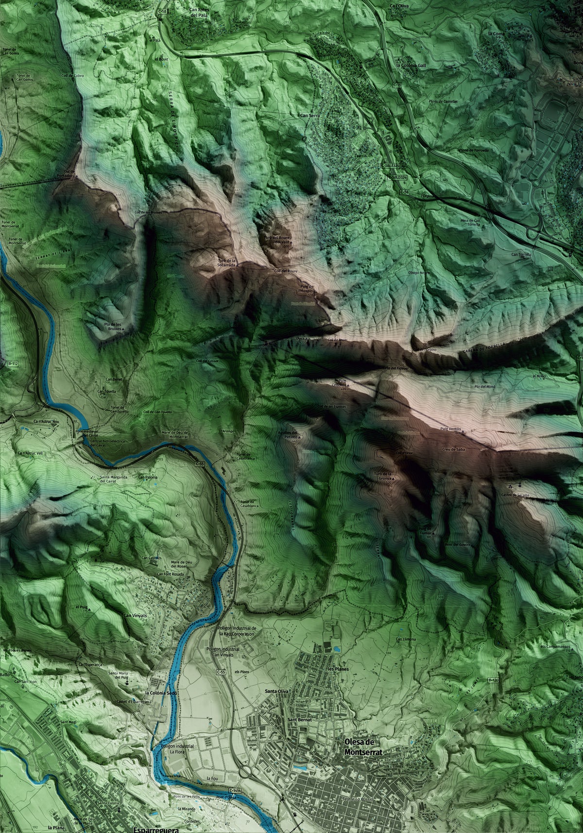 Mapa artístico del relieve de Vacarisses, al Vallès Occidental, con 15 km de entorno y base topográfica ICGC. Detalle de la zona inferior izquierda.