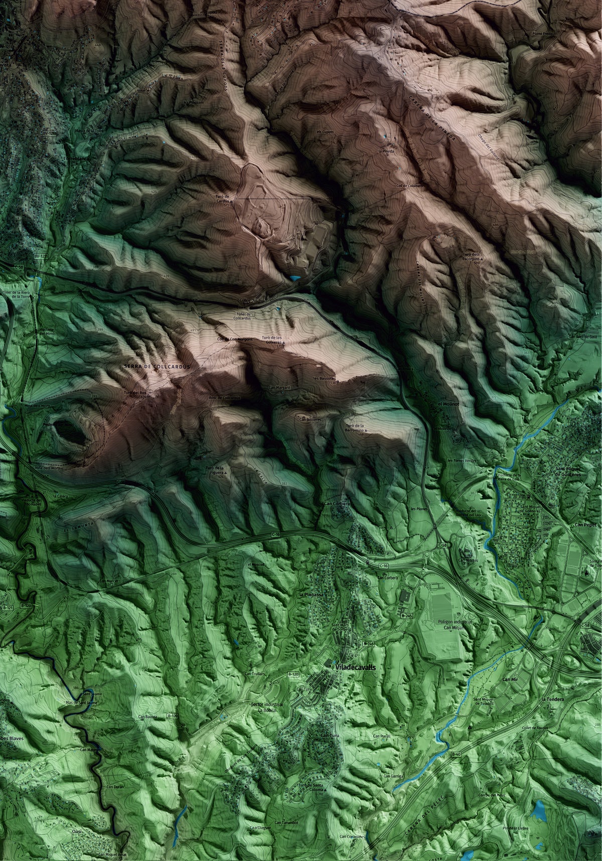 Mapa artístico del relieve de Vacarisses, al Vallès Occidental, con 15 km de entorno y base topográfica ICGC. Detalle de la zona inferior derecha.