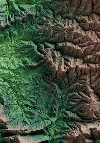 Mapa artístico del relieve de Vacarisses, al Vallès Occidental, con 15 km de entorno y base topográfica ICGC. Detalle de la zona central.