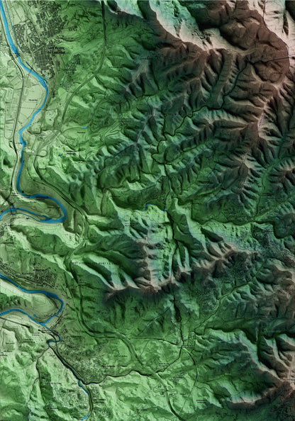 Mapa artístico del relieve de Vacarisses, al Vallès Occidental, con 15 km de entorno y base topográfica ICGC. Detalle de la zona superior izquierda.