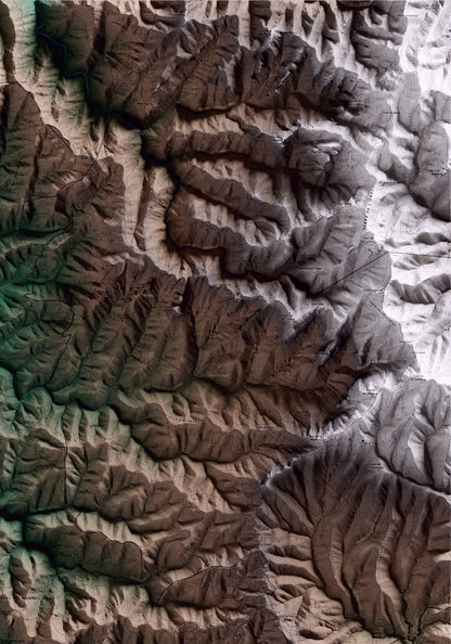 Mapa artístico del relieve de Vacarisses, al Vallès Occidental, con 15 km de entorno y base topográfica ICGC. Detalle de la zona superior derecha.