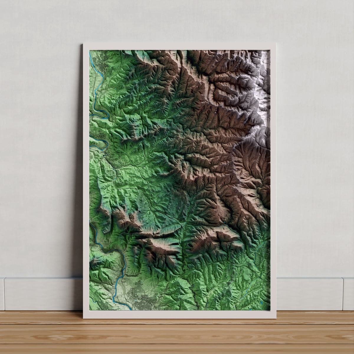 Mapa artístico del relieve de Vacarisses, al Vallès Occidental, con 15 km de entorno y base topográfica ICGC. Presentación enmarcada.