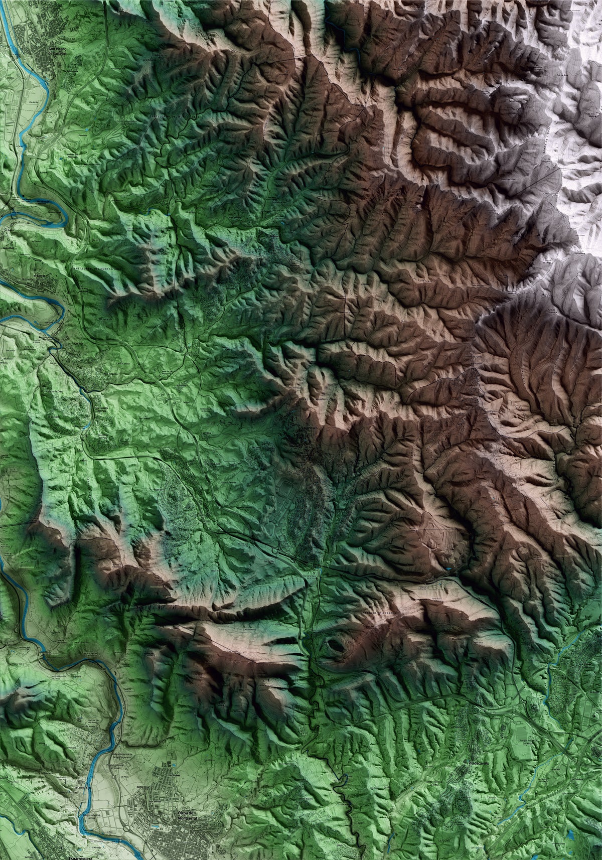 Mapa artístico del relieve de Vacarisses, al Vallès Occidental, con 15 km de entorno y base topográfica ICGC