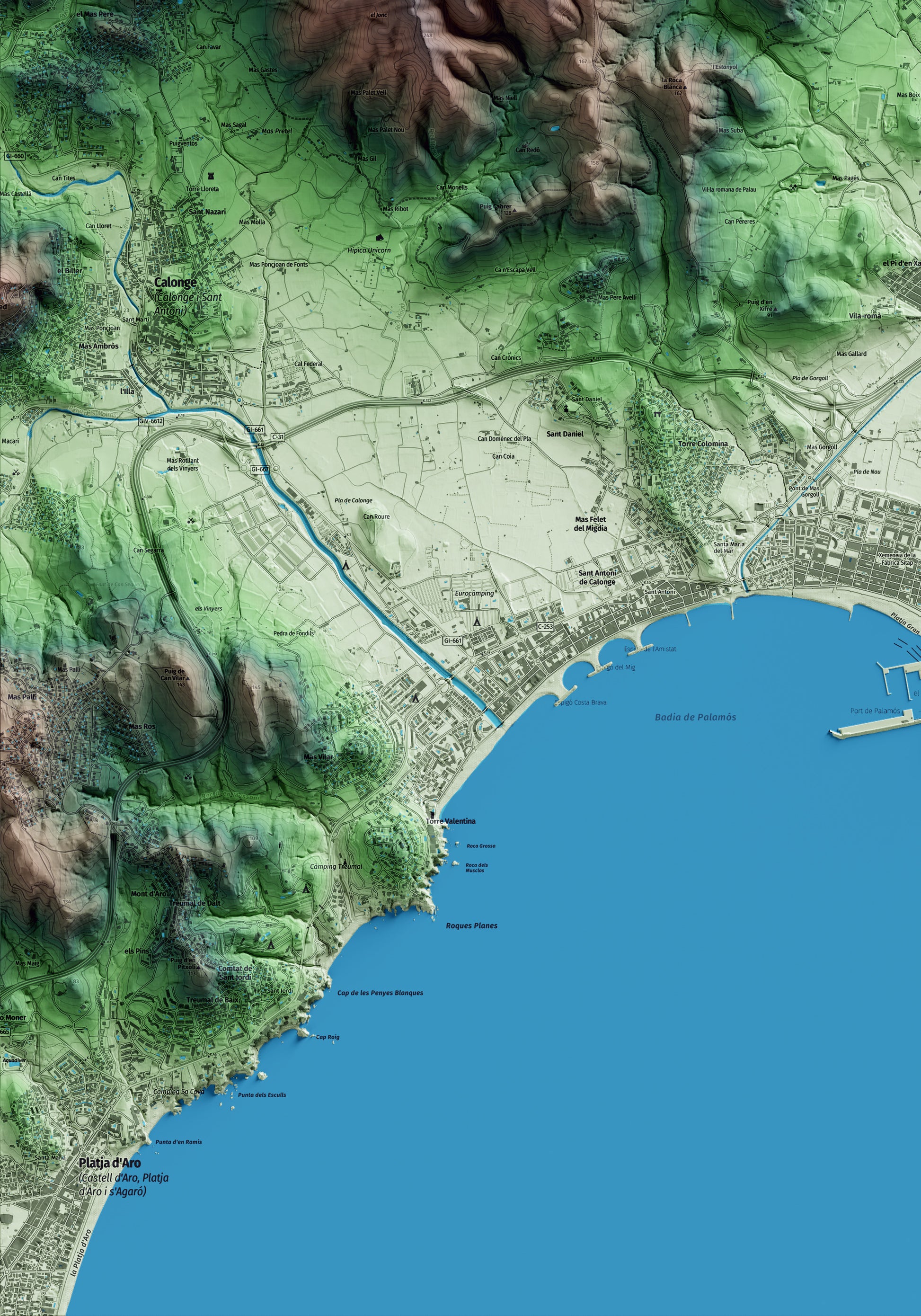 Mapa artístico del relieve de Vall-llobrega, al Baix Empordà, con 15 km de entorno y base topográfica ICGC. Detalle de la zona inferior izquierda.