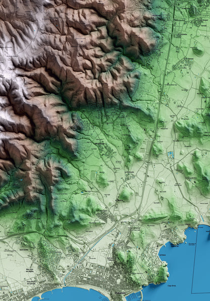 Mapa artístico del relieve de Vall-llobrega, al Baix Empordà, con 15 km de entorno y base topográfica ICGC. Detalle de la zona central.