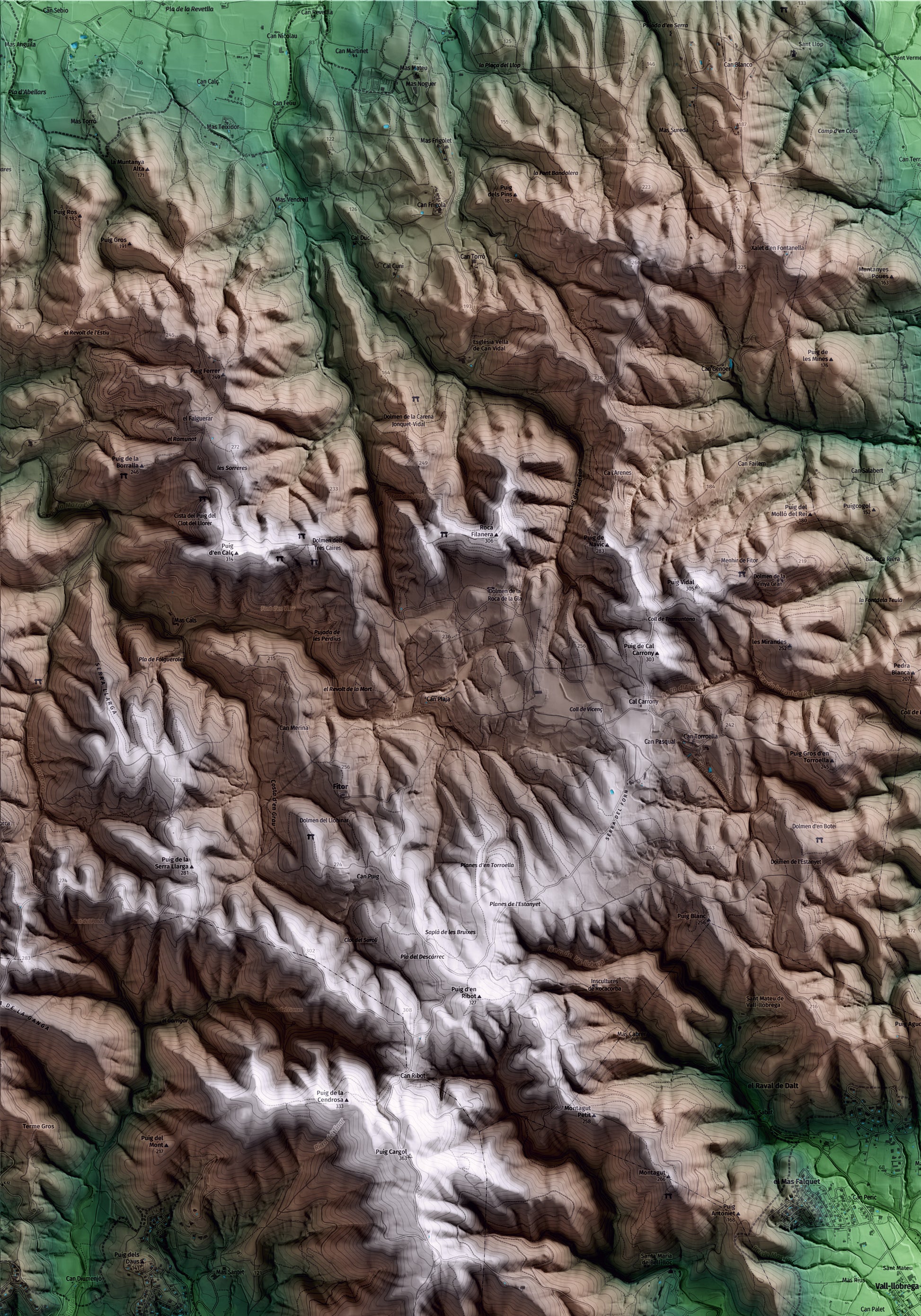 Mapa artístico del relieve de Vall-llobrega, al Baix Empordà, con 15 km de entorno y base topográfica ICGC. Detalle de la zona superior izquierda.