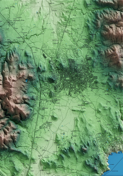Mapa artístico del relieve de Vall-llobrega, al Baix Empordà, con 15 km de entorno y base topográfica ICGC. Detalle de la zona superior derecha.