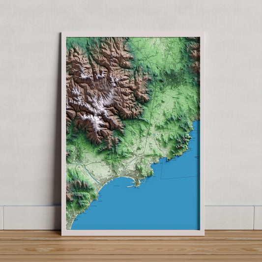 Mapa artístico del relieve de Vall-llobrega, al Baix Empordà, con 15 km de entorno y base topográfica ICGC. Presentación enmarcada.