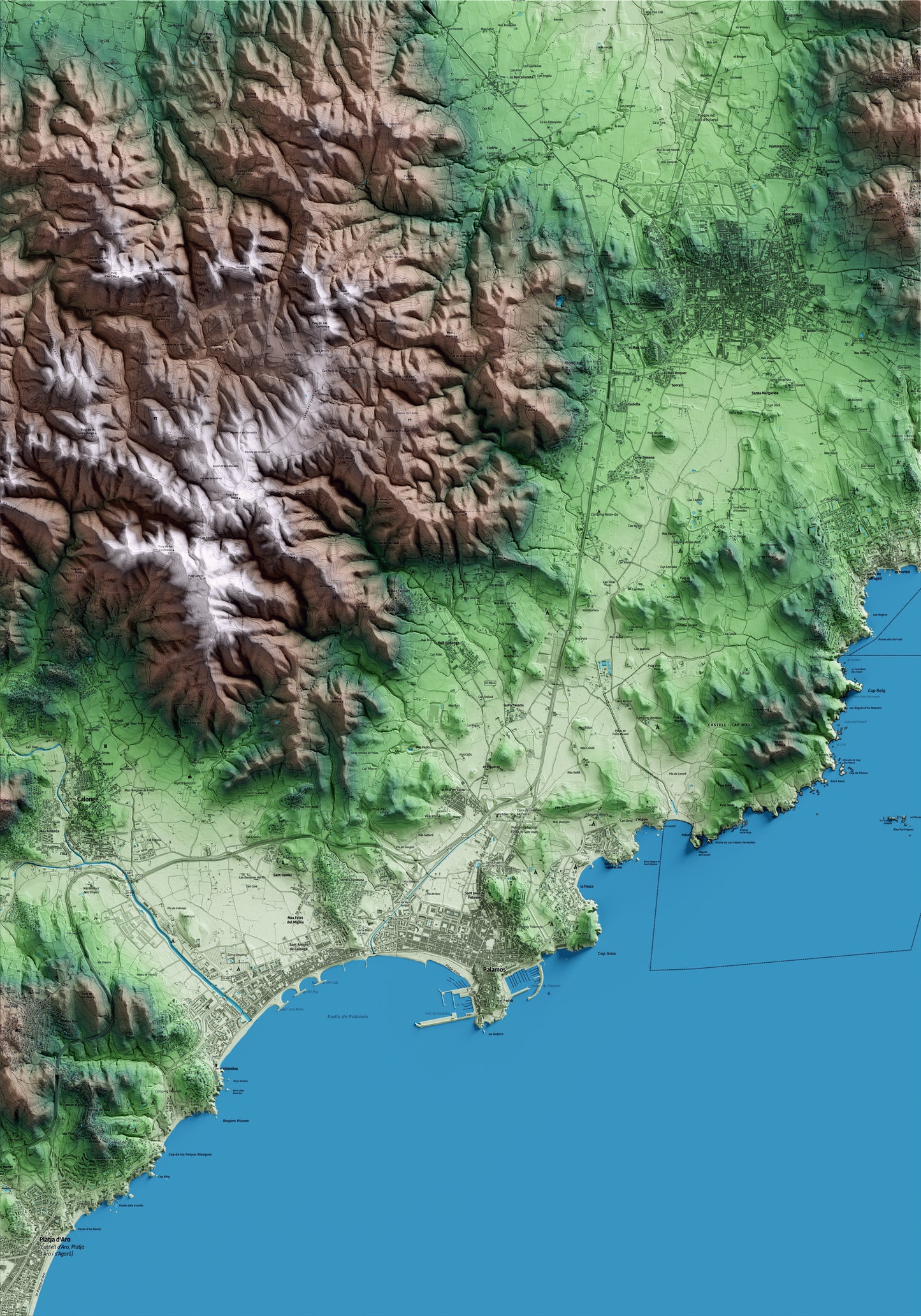 Mapa artístico del relieve de Vall-llobrega, al Baix Empordà, con 15 km de entorno y base topográfica ICGC
