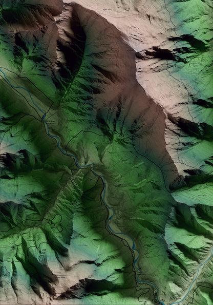 Mapa artístico del relieve de Vall de Cardós, al Pallars Sobirà, con 15 km de entorno y base topográfica ICGC. Detalle de la zona inferior izquierda.