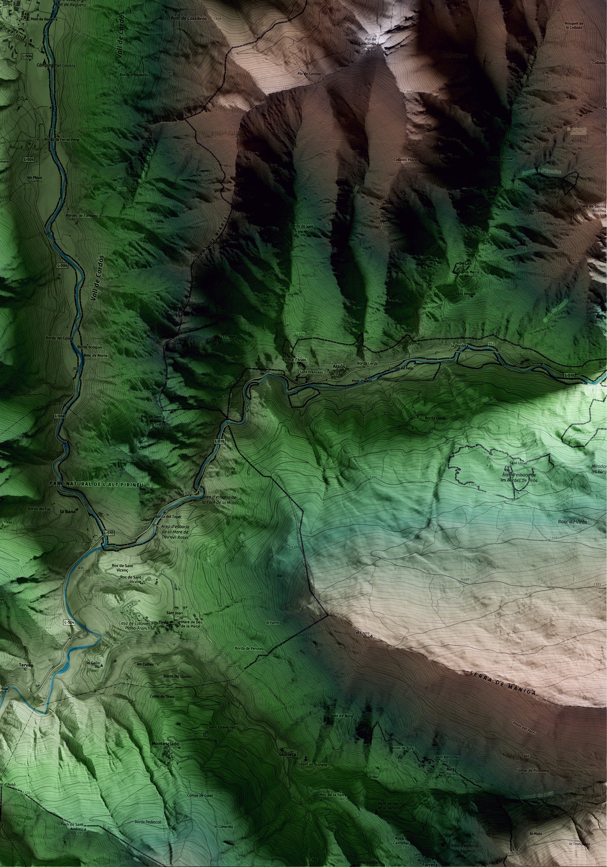 Mapa artístico del relieve de Vall de Cardós, al Pallars Sobirà, con 15 km de entorno y base topográfica ICGC. Detalle de la zona inferior derecha.