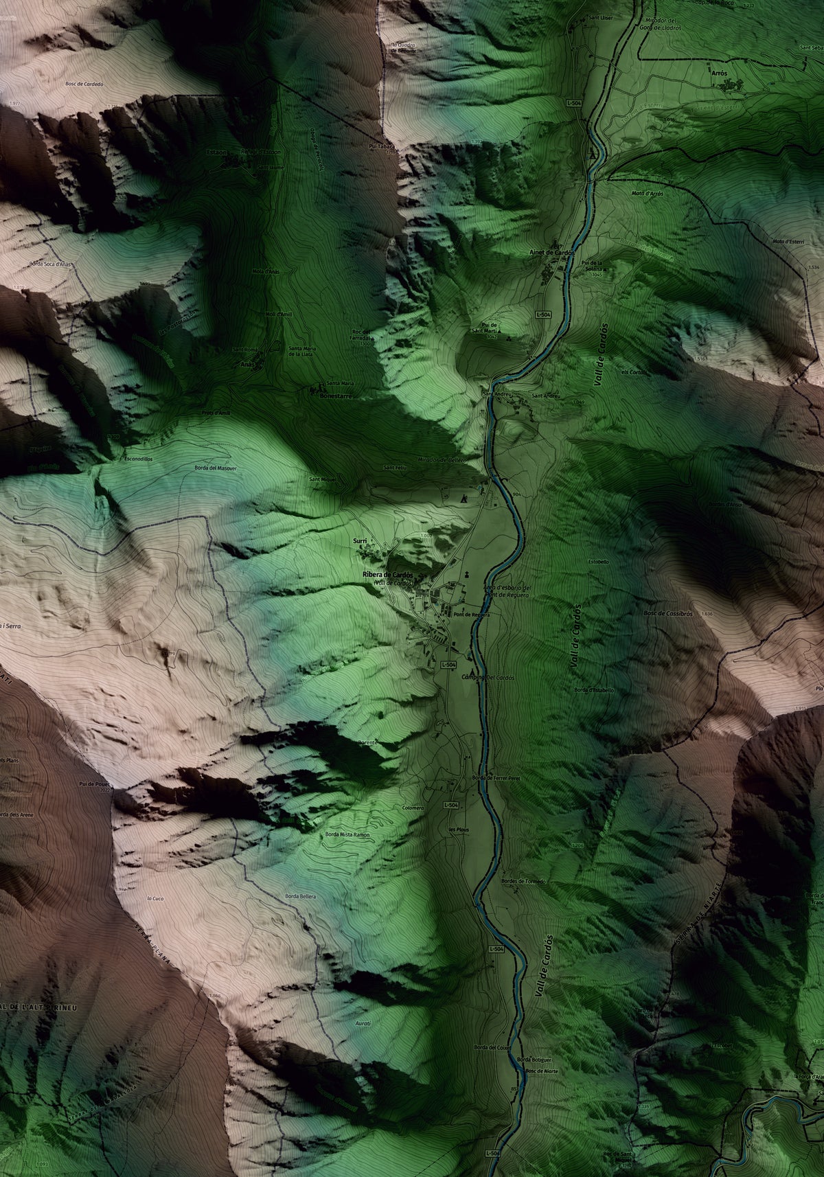Mapa artístico del relieve de Vall de Cardós, al Pallars Sobirà, con 15 km de entorno y base topográfica ICGC. Detalle de la zona central.