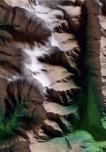 Mapa artístico del relieve de Vall de Cardós, al Pallars Sobirà, con 15 km de entorno y base topográfica ICGC. Detalle de la zona superior izquierda.
