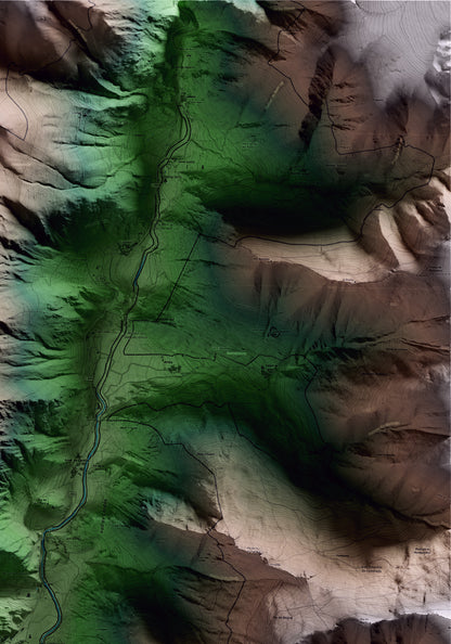 Mapa artístico del relieve de Vall de Cardós, al Pallars Sobirà, con 15 km de entorno y base topográfica ICGC. Detalle de la zona superior derecha.