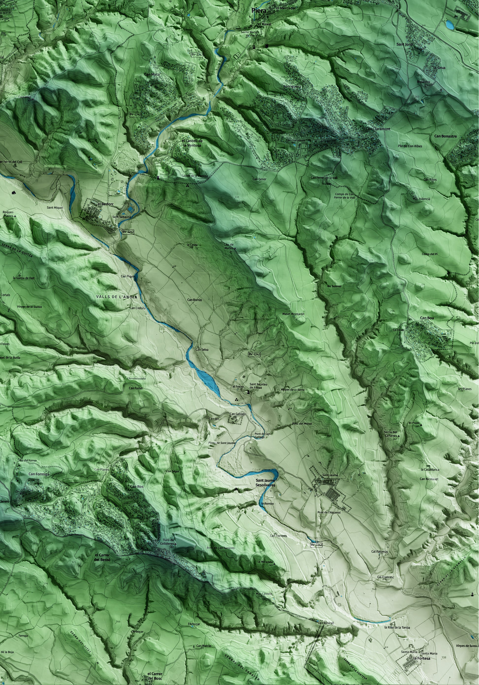 Mapa artístico del relieve de Vallbona d'Anoia, al Anoia, con 15 km de entorno y base topográfica ICGC. Detalle de la zona inferior derecha.