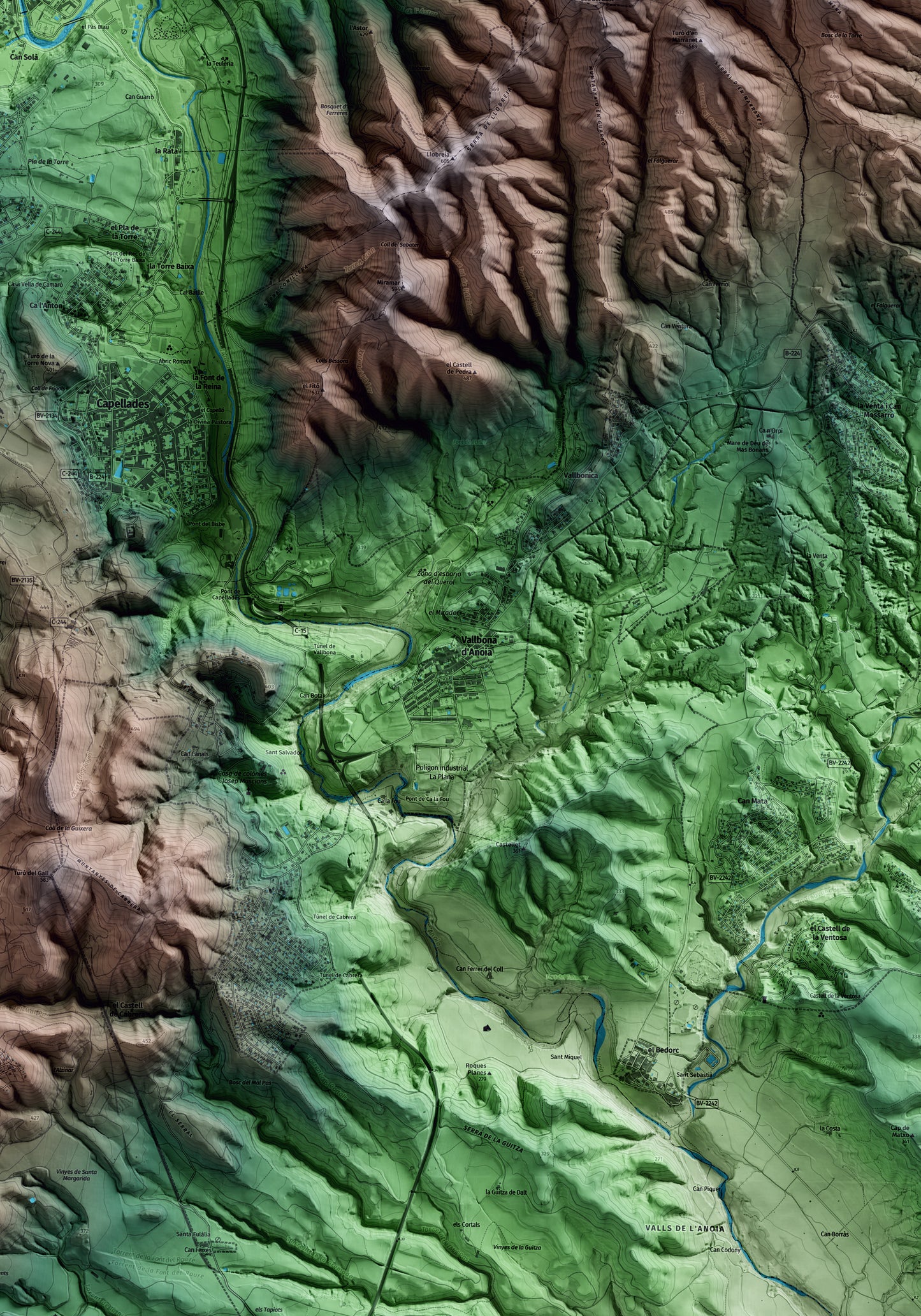 Mapa artístico del relieve de Vallbona d'Anoia, al Anoia, con 15 km de entorno y base topográfica ICGC. Detalle de la zona central.