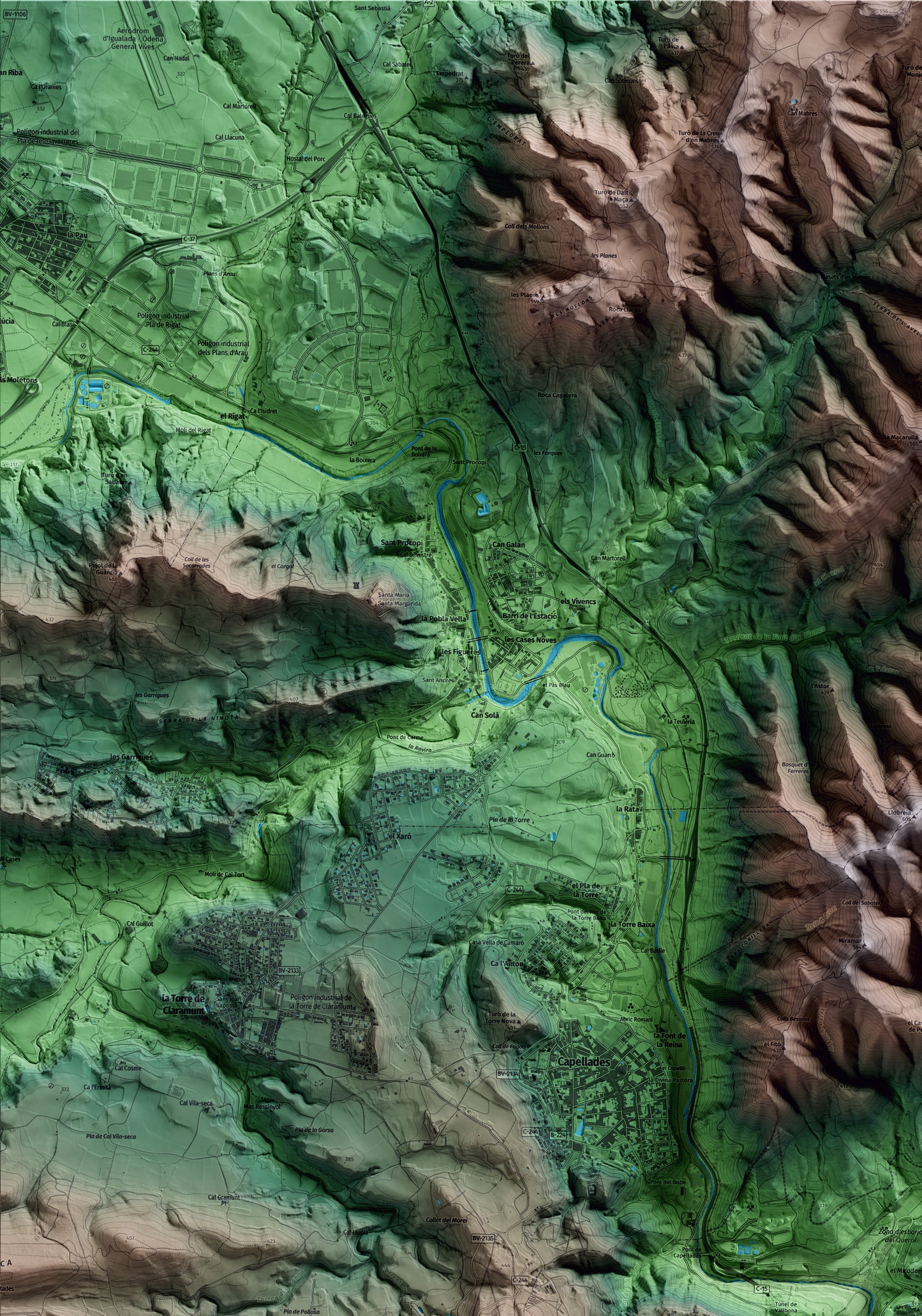 Mapa artístico del relieve de Vallbona d'Anoia, al Anoia, con 15 km de entorno y base topográfica ICGC. Detalle de la zona superior izquierda.