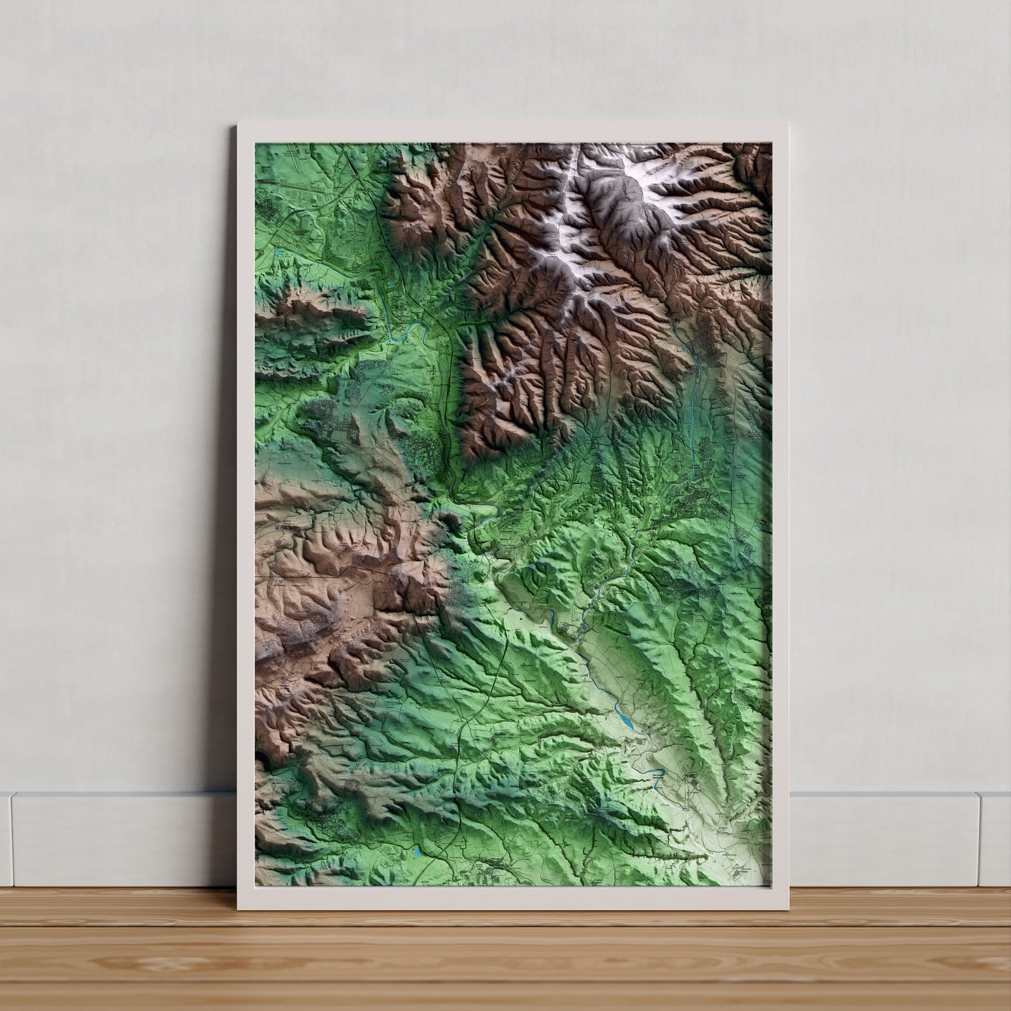 Mapa artístico del relieve de Vallbona d'Anoia, al Anoia, con 15 km de entorno y base topográfica ICGC. Presentación enmarcada.