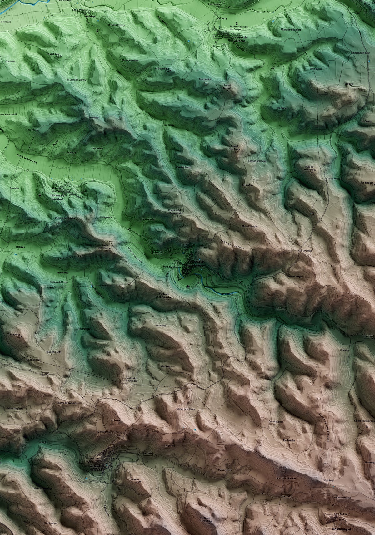 Mapa artístico del relieve de Vallbona de les Monges, al Urgell, con 15 km de entorno y base topográfica ICGC. Detalle de la zona central.