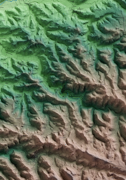 Mapa artístico del relieve de Vallbona de les Monges, al Urgell, con 15 km de entorno y base topográfica ICGC. Detalle de la zona central.