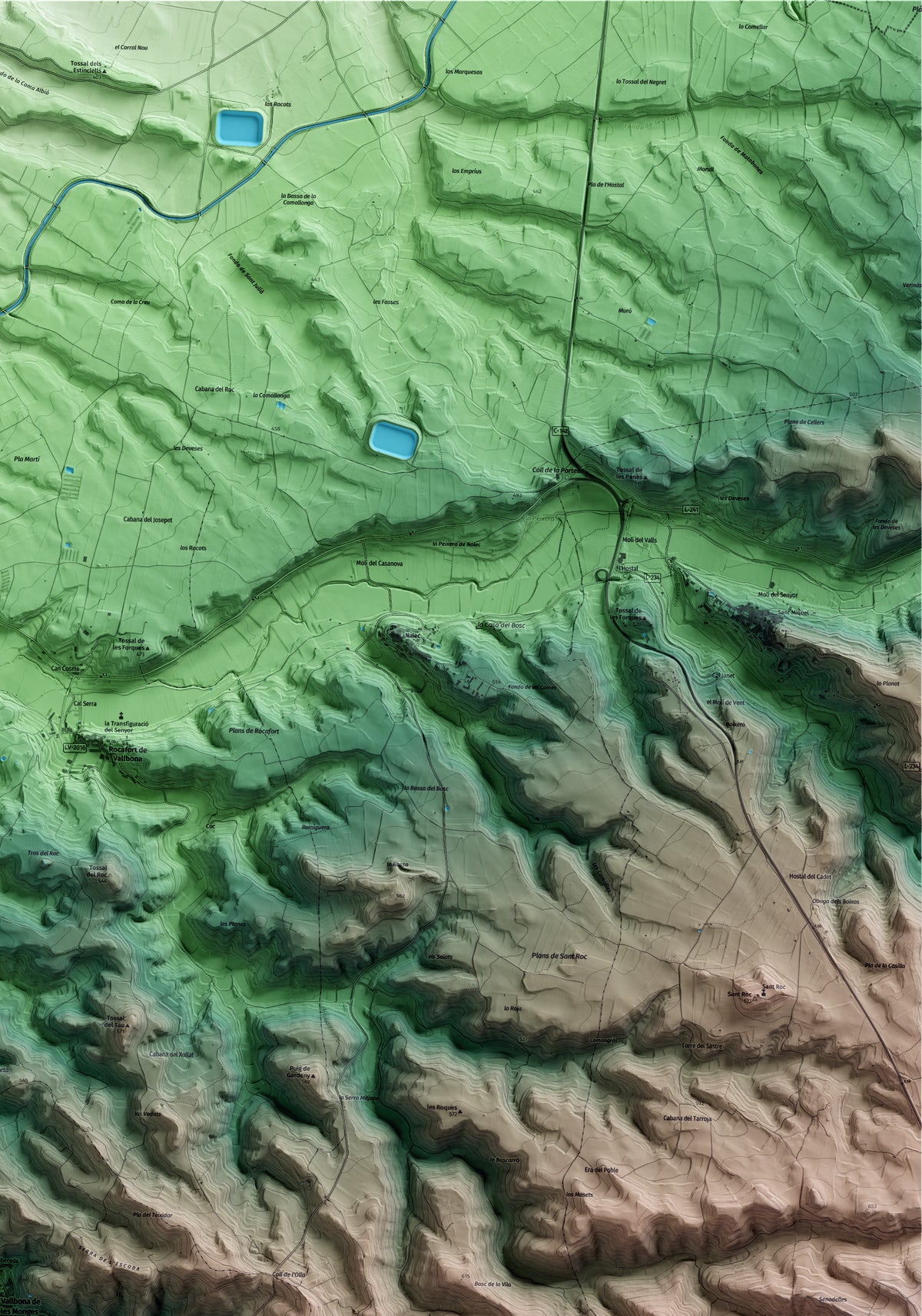 Mapa artístico del relieve de Vallbona de les Monges, al Urgell, con 15 km de entorno y base topográfica ICGC. Detalle de la zona superior derecha.