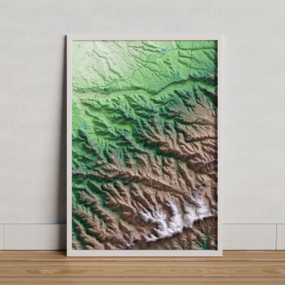 Mapa artístico del relieve de Vallbona de les Monges, al Urgell, con 15 km de entorno y base topográfica ICGC. Presentación enmarcada.