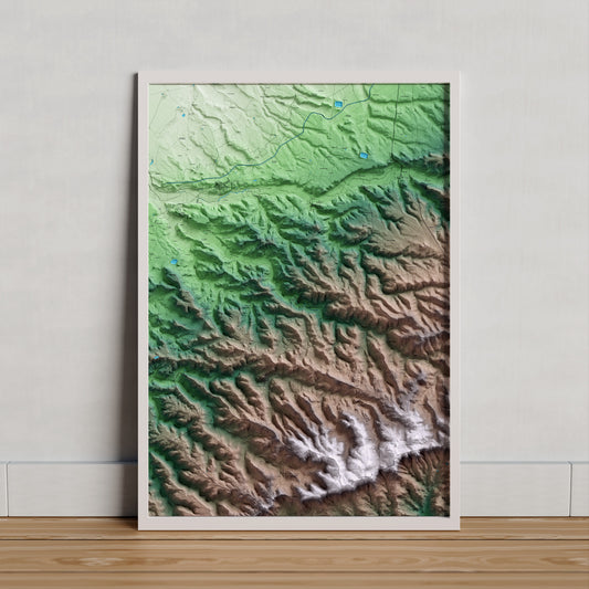 Mapa artístico del relieve de Vallbona de les Monges, al Urgell, con 15 km de entorno y base topográfica ICGC. Presentación enmarcada.