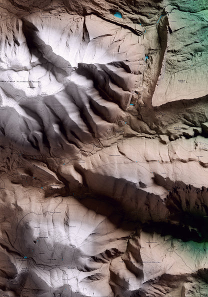 Mapa artístico del relieve de Vallcebre, al Berguedà, con 15 km de entorno y base topográfica ICGC. Detalle de la zona inferior izquierda.
