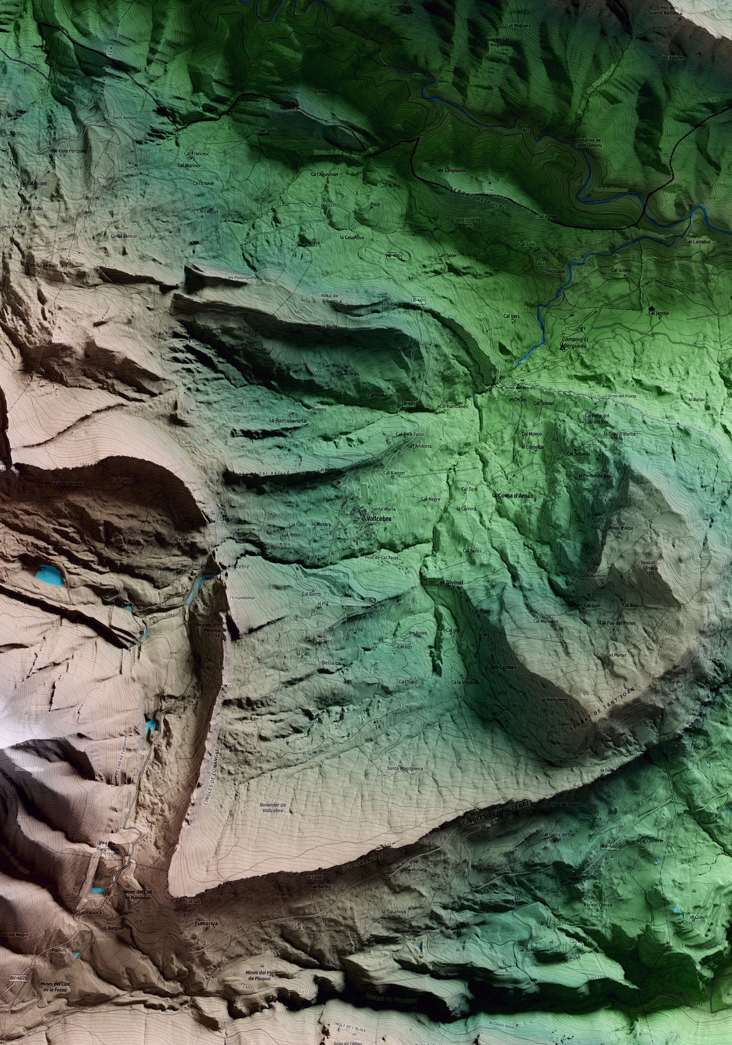 Mapa artístico del relieve de Vallcebre, al Berguedà, con 15 km de entorno y base topográfica ICGC. Detalle de la zona central.