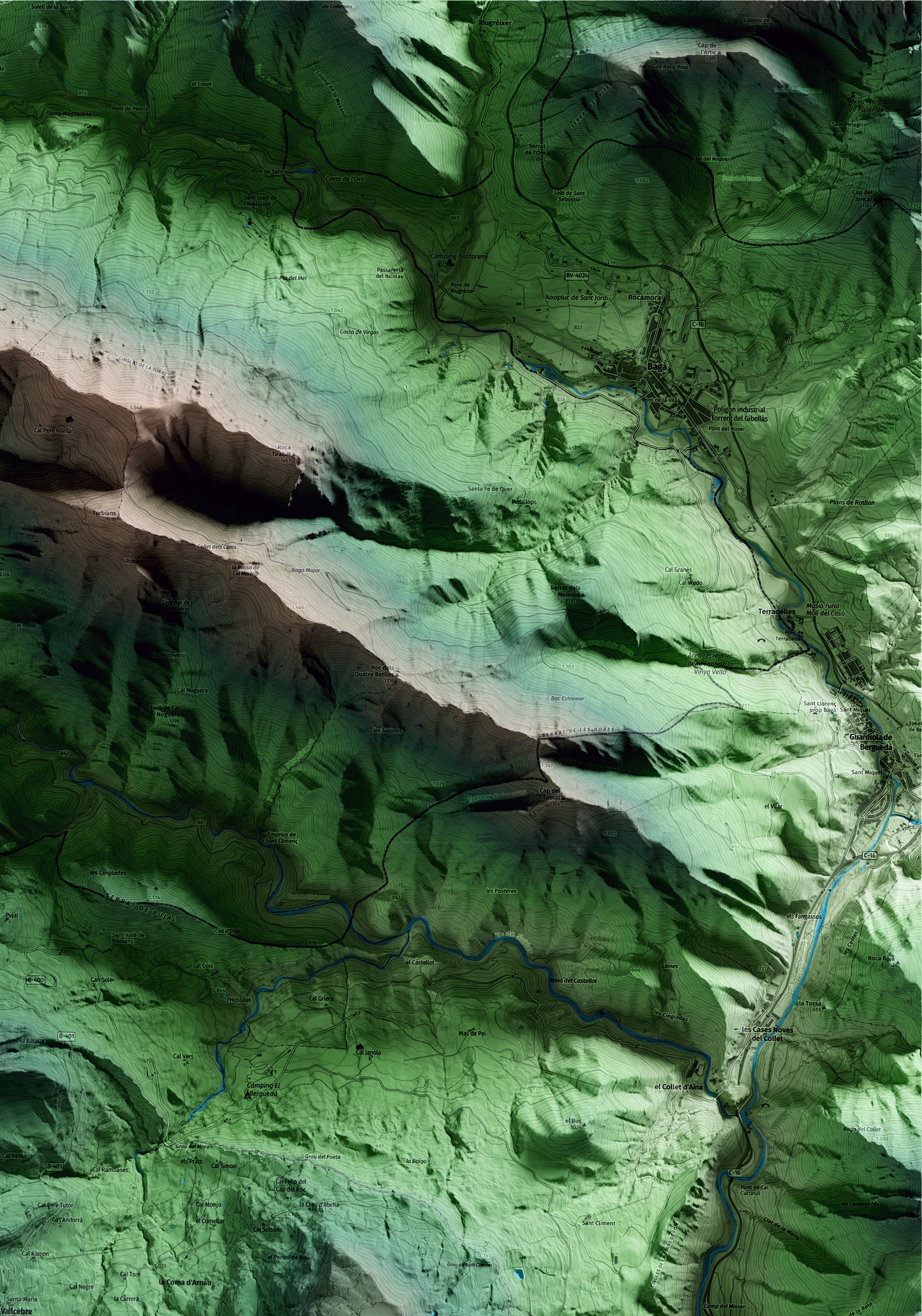 Mapa artístico del relieve de Vallcebre, al Berguedà, con 15 km de entorno y base topográfica ICGC. Detalle de la zona superior derecha.