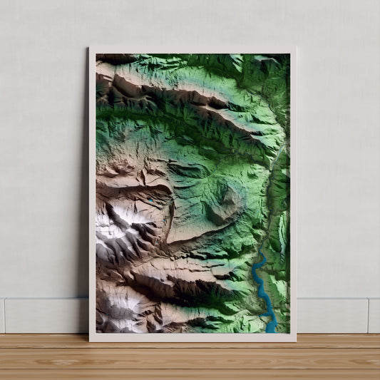 Mapa artístico del relieve de Vallcebre, al Berguedà, con 15 km de entorno y base topográfica ICGC. Presentación enmarcada.
