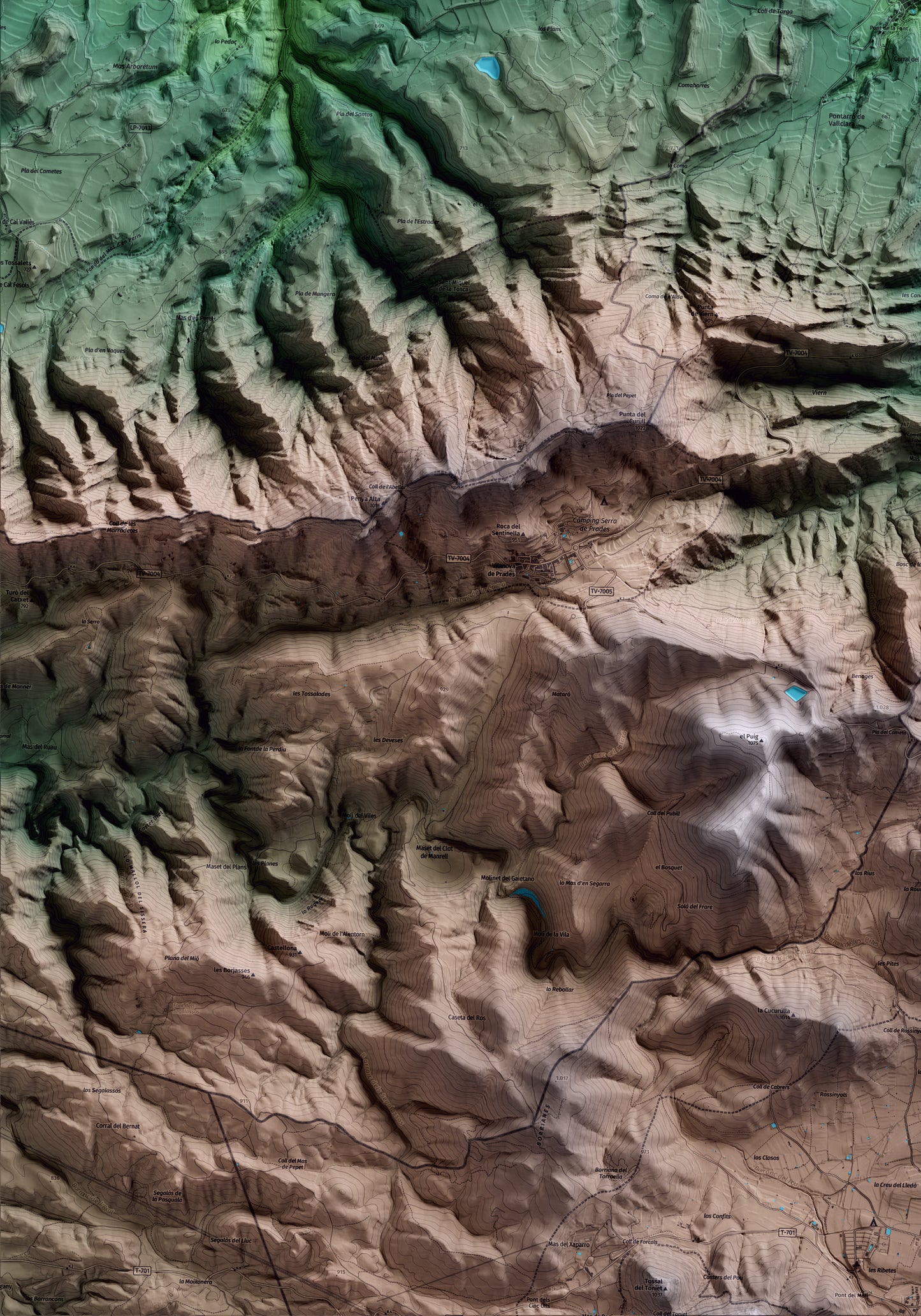 Mapa artístico del relieve de Vallclara, a la Conca de Barberà, con 15 km de entorno y base topográfica ICGC. Detalle de la zona inferior izquierda.