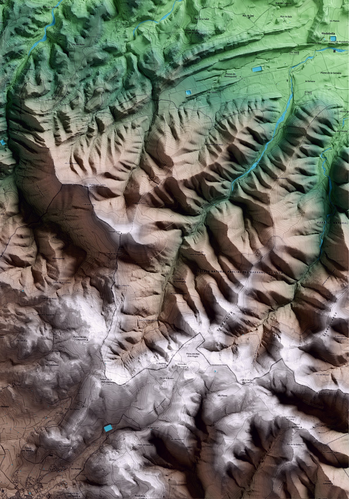 Mapa artístico del relieve de Vallclara, a la Conca de Barberà, con 15 km de entorno y base topográfica ICGC. Detalle de la zona inferior derecha.