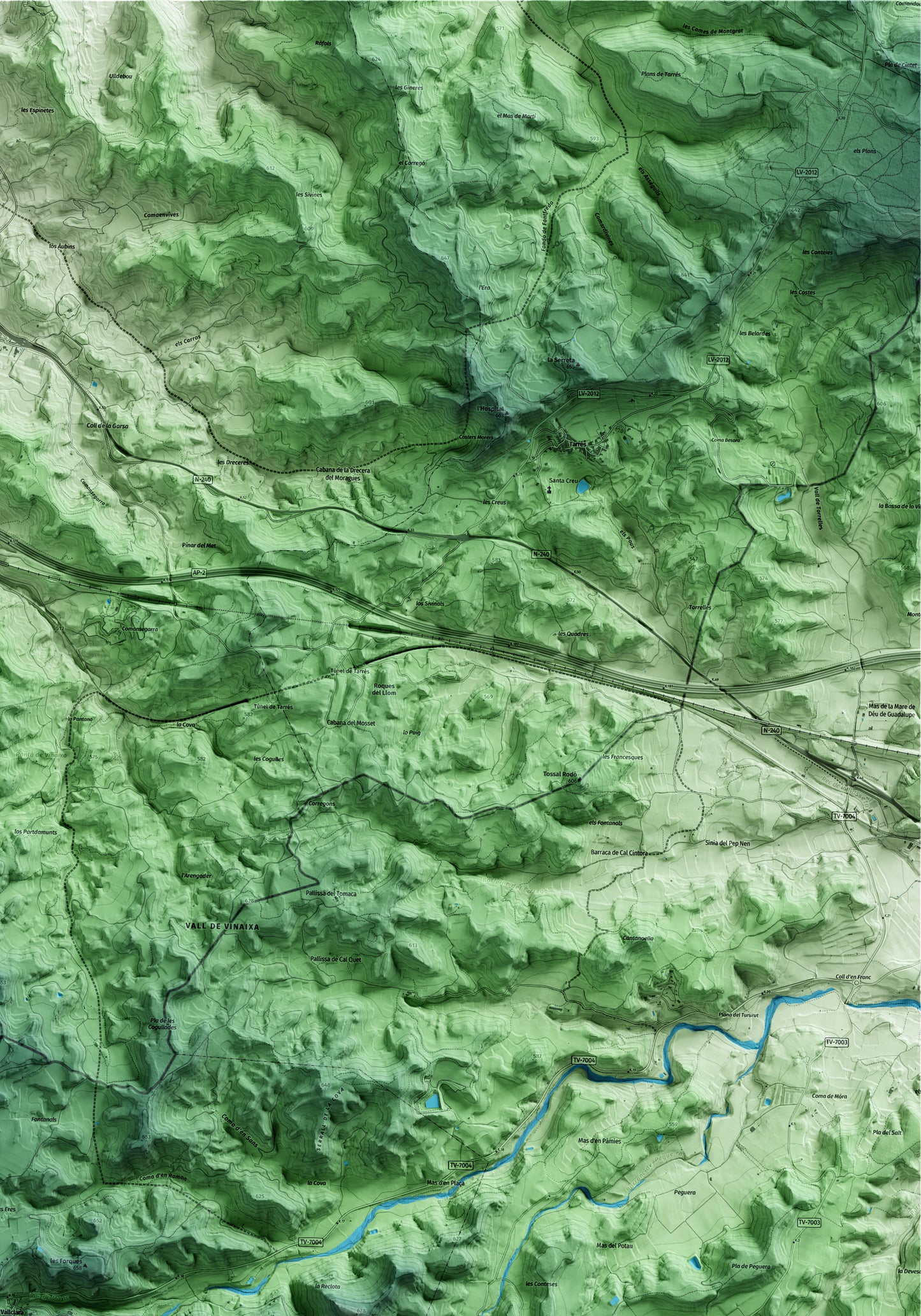 Mapa artístico del relieve de Vallclara, a la Conca de Barberà, con 15 km de entorno y base topográfica ICGC. Detalle de la zona superior derecha.