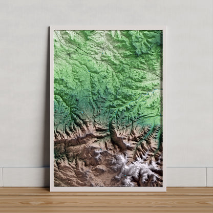 Mapa artístico del relieve de Vallclara, a la Conca de Barberà, con 15 km de entorno y base topográfica ICGC. Presentación enmarcada.
