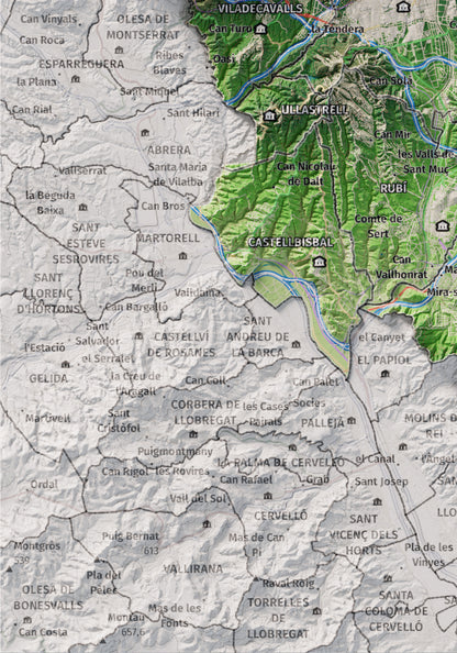 Mapa de relieve del Vallès Occidental, con el territorio en color y el entorno en blanco. Detalle de la zona inferior izquierda. 21 × 30 cm. Estilo Clásico.