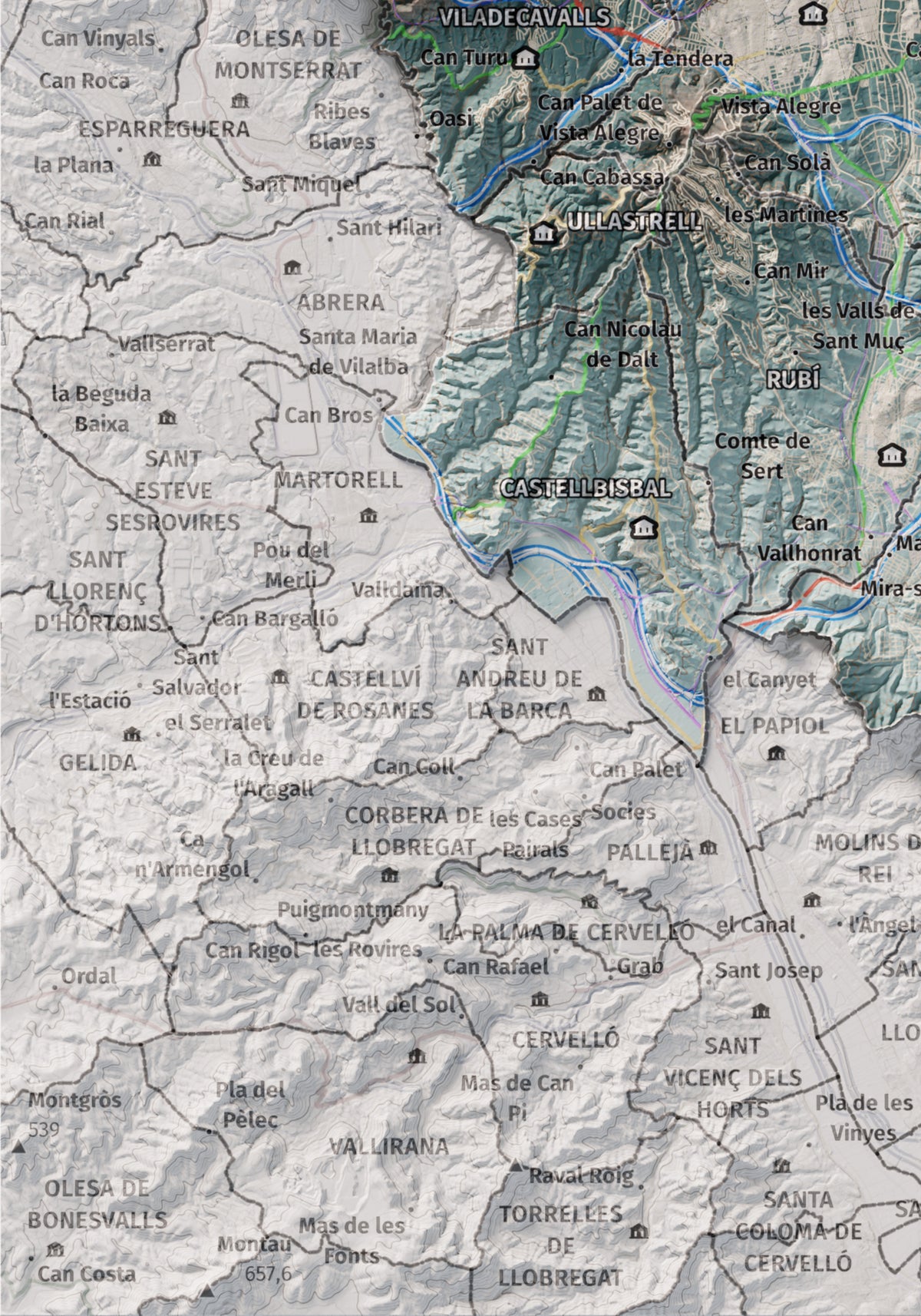 Mapa de relieve del Vallès Occidental, con el territorio en color y el entorno en blanco. Detalle de la zona inferior izquierda. 21 × 30 cm. Estilo Azul y naranja.