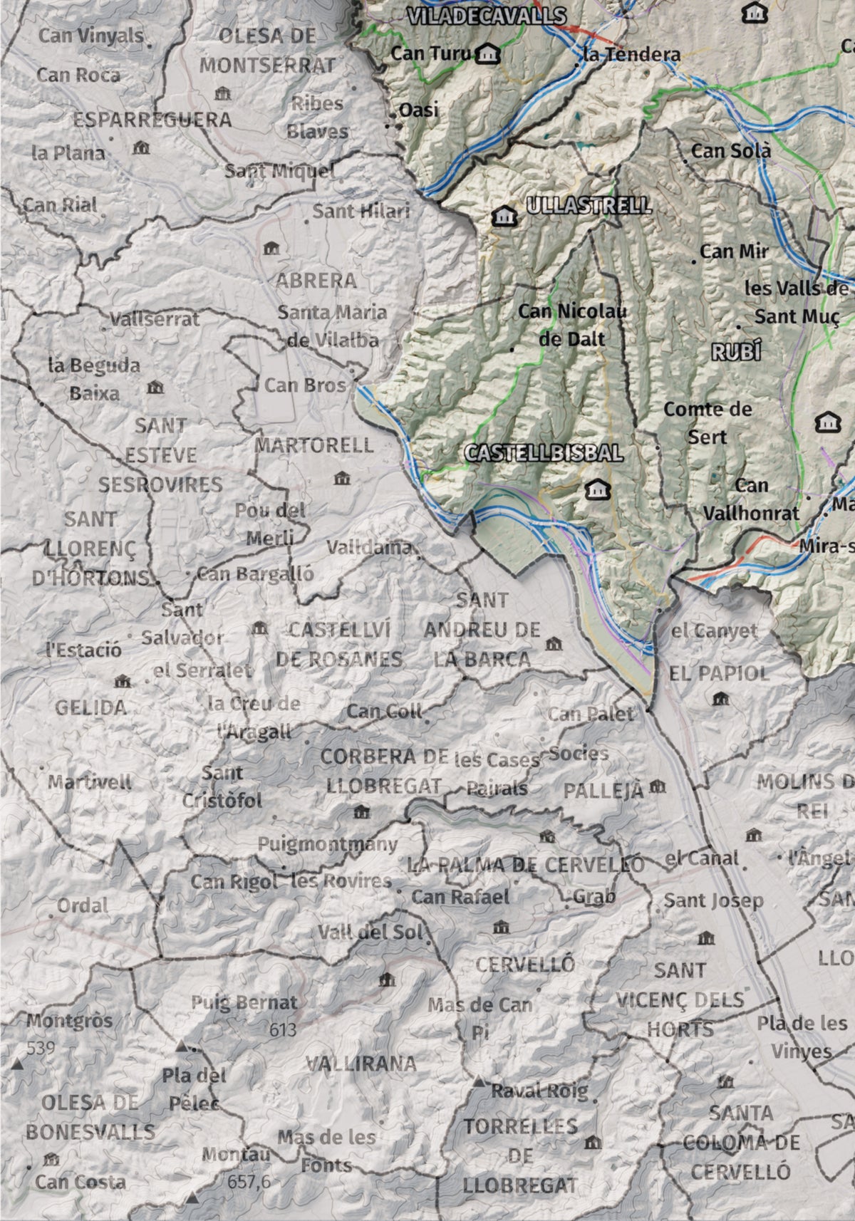 Mapa de relieve del Vallès Occidental, con el territorio en color y el entorno en blanco. Detalle de la zona inferior izquierda. 21 × 30 cm. Estilo Cartográfico.